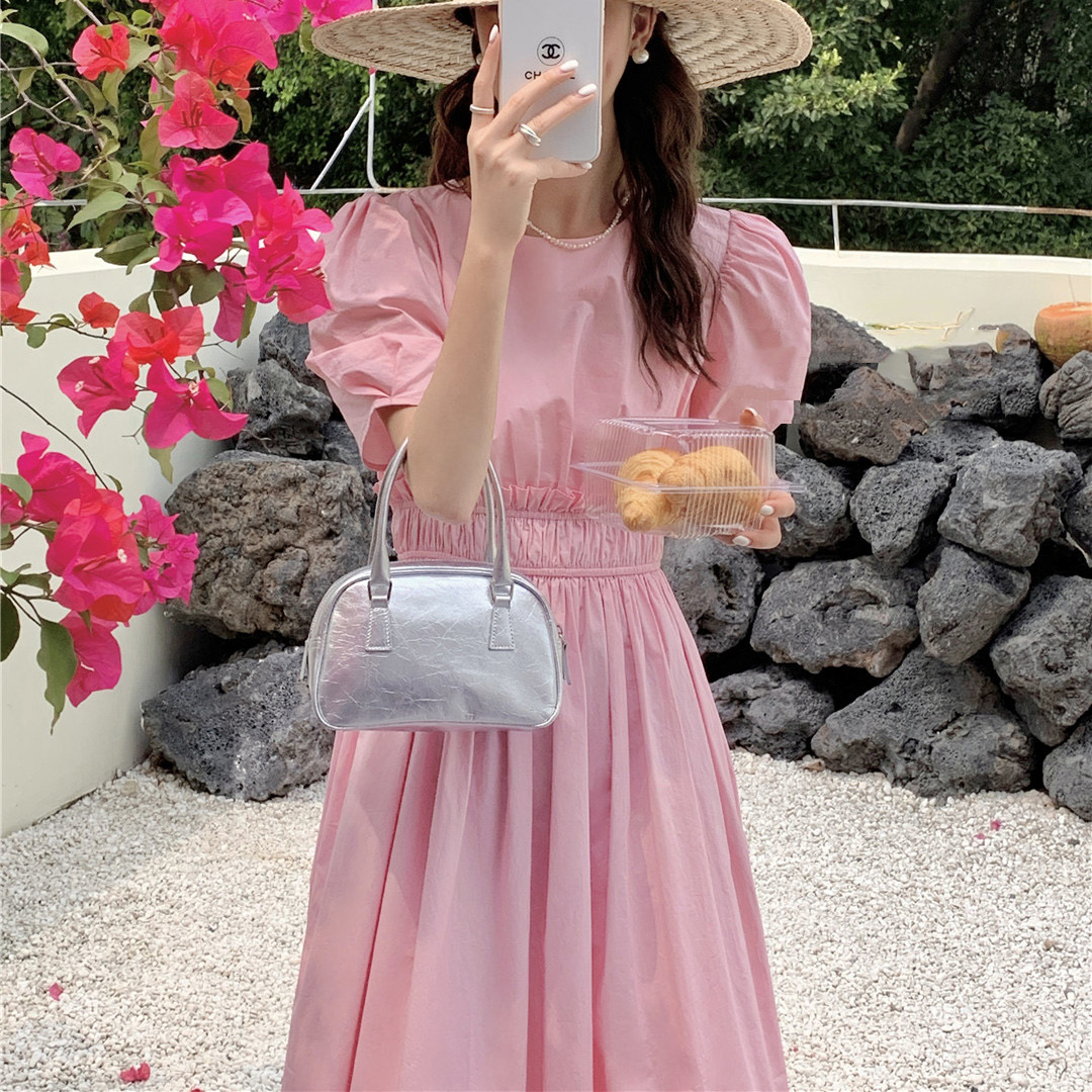 韩国东大门2025夏季新款韩系减龄甜美粉色收腰显瘦设计感连衣裙女