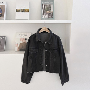 宽松短款 韩版 翻领系扣毛边牛仔夹克外套女 新款 韩国东大门2025春季