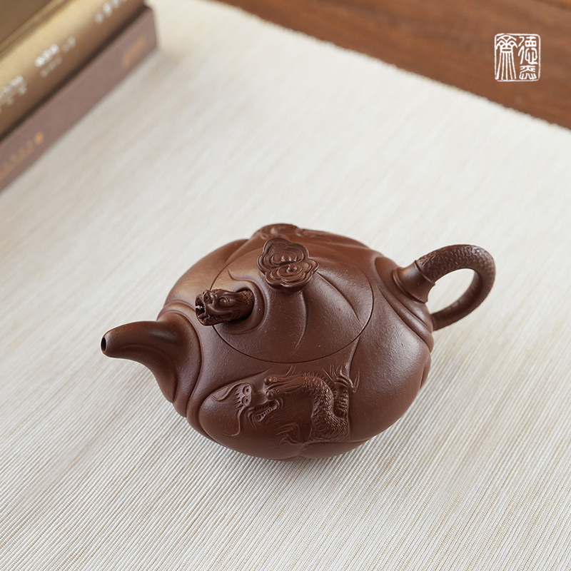 德弈斋宜兴紫砂茶壶茶具中式复古黄龙山原矿底槽青鱼化龙施馥森款