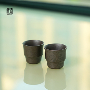 德弈斋宜兴紫砂茶壶茶具茶杯中式复古风柴烧老清水泥竹韵杯一对