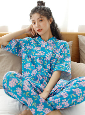 寻光设计 日式和风春夏纯棉纱布女士短袖长裤睡衣家居服套装透气