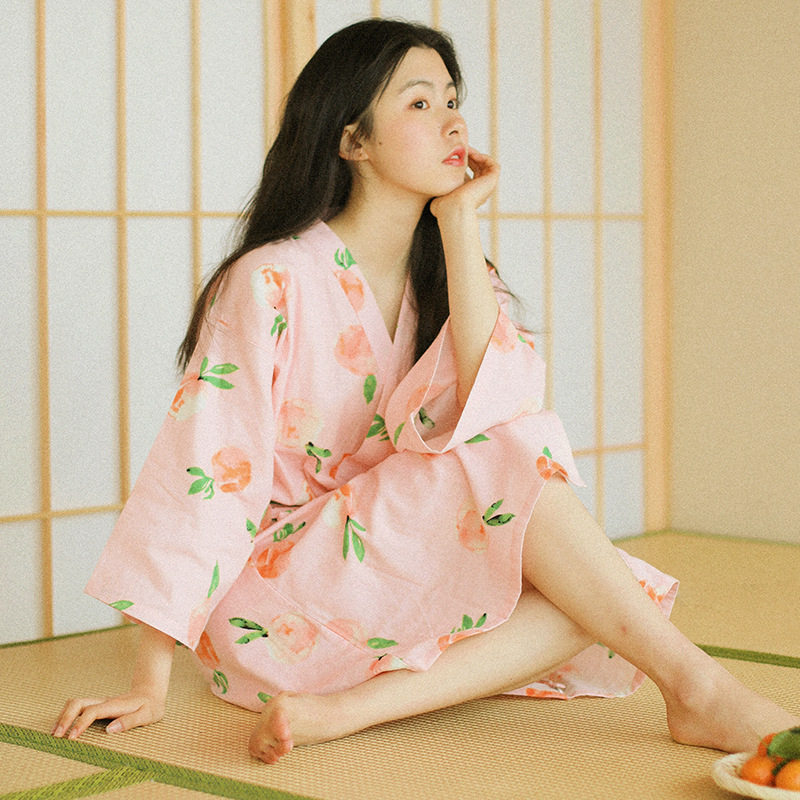 清新水蜜桃寻光设计高端纯棉纱织斜襟汉服女睡裙日本和服睡衣浴袍