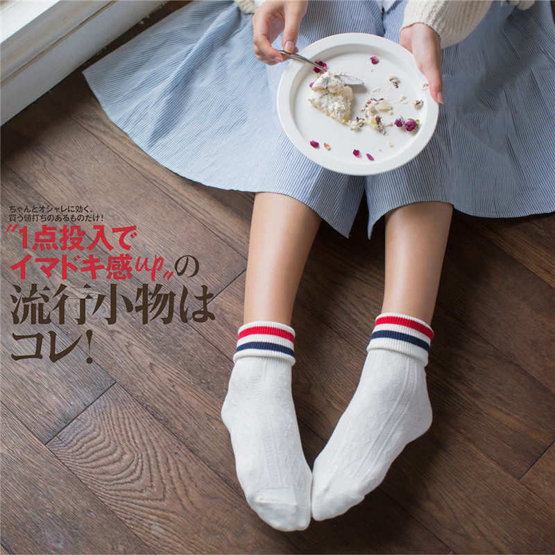 寻光高端定制复古学院风女士纯棉袜子棉袜女袜休闲运动袜翻边透气
