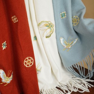 云深雾浅 原创百搭蝴蝶刺绣围巾汉服旗袍配饰国风女仿羊绒披肩长