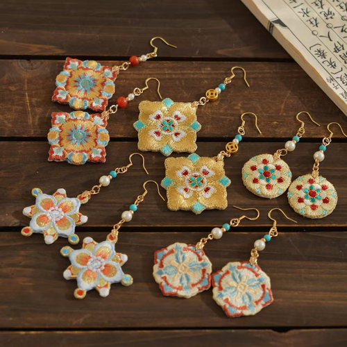 云深雾浅 宝相纹 原创双面刺绣汉服耳钩耳夹古典团花新中式耳饰