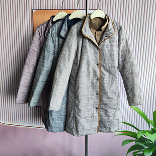 韩国风通勤格纹棉服女中长款 单排扣外套显瘦百搭棉衣11