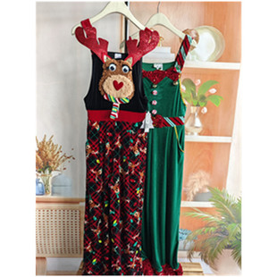 圣诞风驯鹿造型吊带连体衣女高腰长裤 绿色度假连身裤