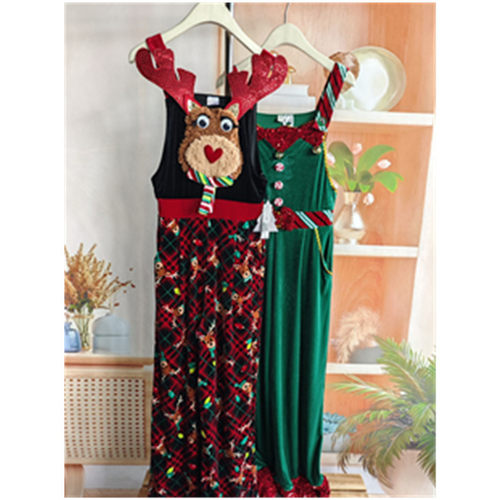 圣诞风驯鹿造型吊带连体衣女高腰长裤绿色度假连身裤1