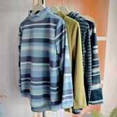 日系条纹风长袖 T恤女百搭高领上衣T恤衫 加绒保暖秋冬大码