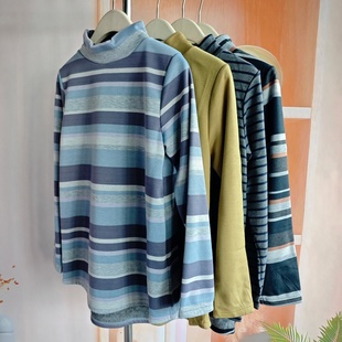 加绒保暖秋冬大码 T恤女百搭高领上衣T恤衫 日系条纹风长袖