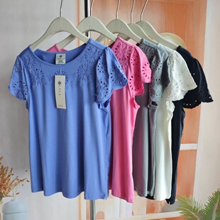 弹力亲肤百搭套头上衣 T恤女夏季 欧美 春夏竹纤维凉感镂空拼接短袖