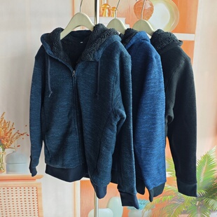 日系秋冬男士羊羔毛连帽卫衣加绒拉链外套休闲保暖上衣大码
