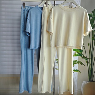 欧美 柔软水洗棉短袖长裤休闲套装女春秋夏休闲运动家居服两件套
