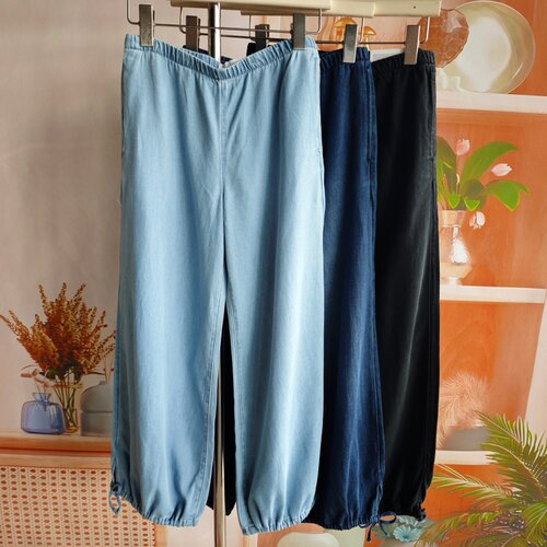 欧美 春夏棉莱赛尔薄牛仔裤休闲风松紧腰收脚灯笼裤女宽松九分裤