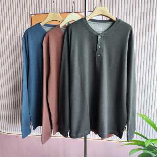 上衣 美式 男宽松百搭纽扣打底衫 针织衫 休闲华夫格亨利领长袖