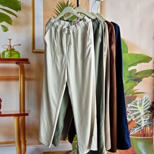 亚麻梭织抽绳宽松直筒裤 大码 女春夏季 女裤 显瘦垂感休闲长裤 美风