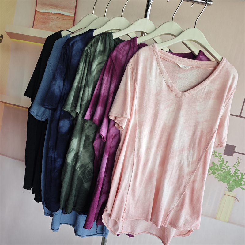 欧美风女式夏季短袖T恤宽松休闲晕染扎染百搭T恤薄不规则250斤