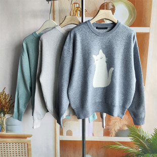 均码 休闲上衣 针织衫 霓虹家卡通猫咪圆领毛衣女宽松套头长袖