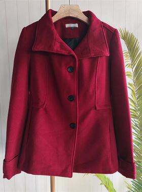 外贸订单 25春季时尚百搭大翻领红色呢子短款修身长袖女款外套1