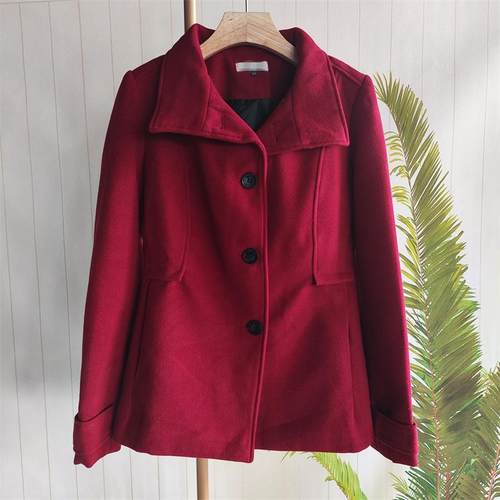外贸订单 25春季时尚百搭大翻领红色呢子短款修身长袖女款外套1