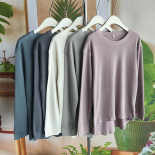 霓虹家 高棉休闲慵懒风华夫格长袖T恤女圆领百搭基础款上衣11