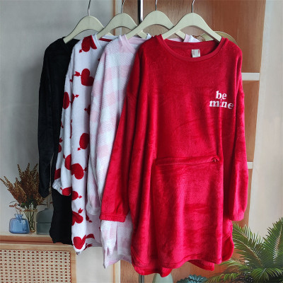 欧美风秋冬加绒保暖珊瑚绒睡袍女长袖长款睡衣家居服300斤