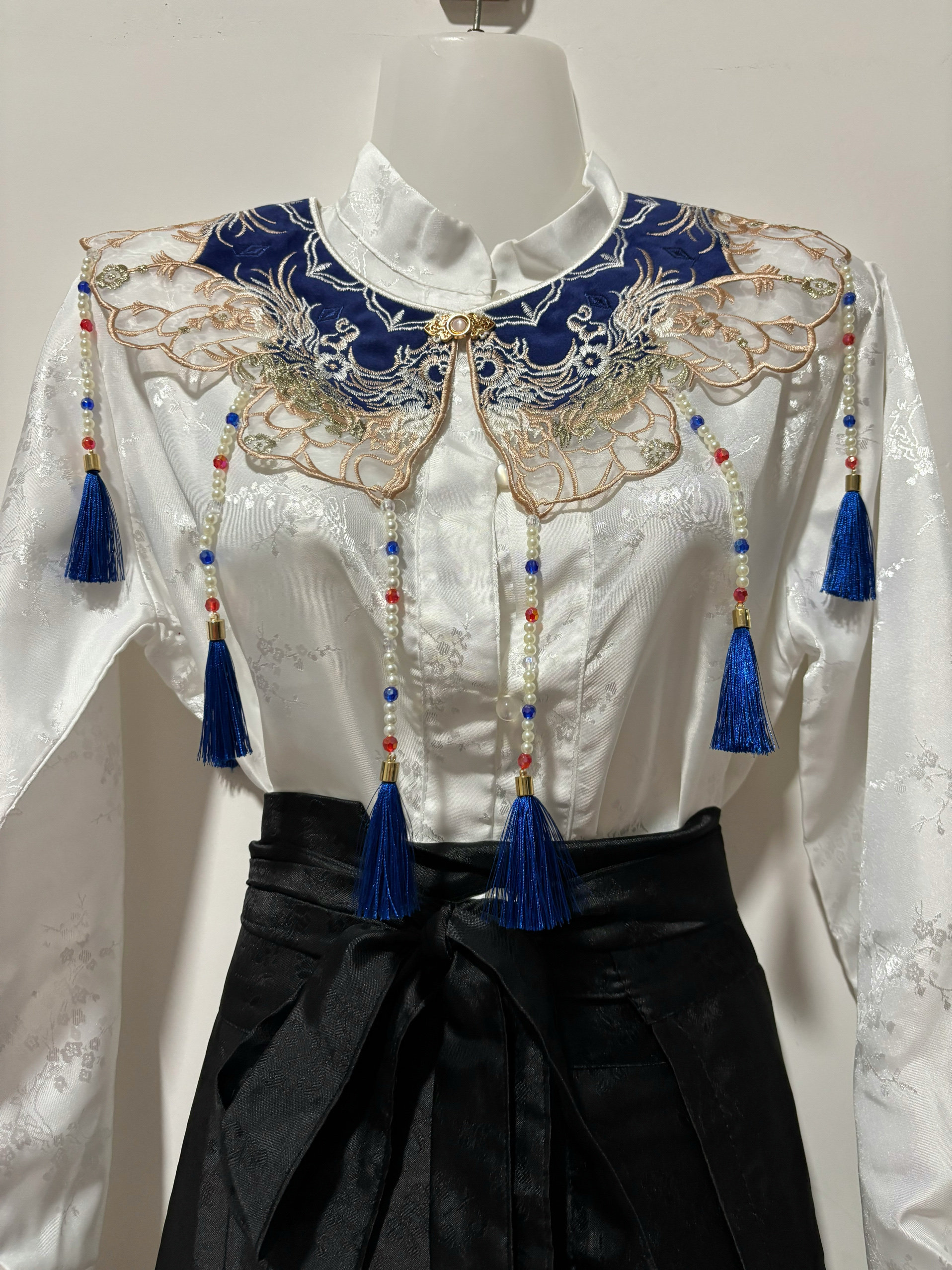 【锦澜】深蓝色云肩水晶流苏汉服刺绣假领成人重工民族风