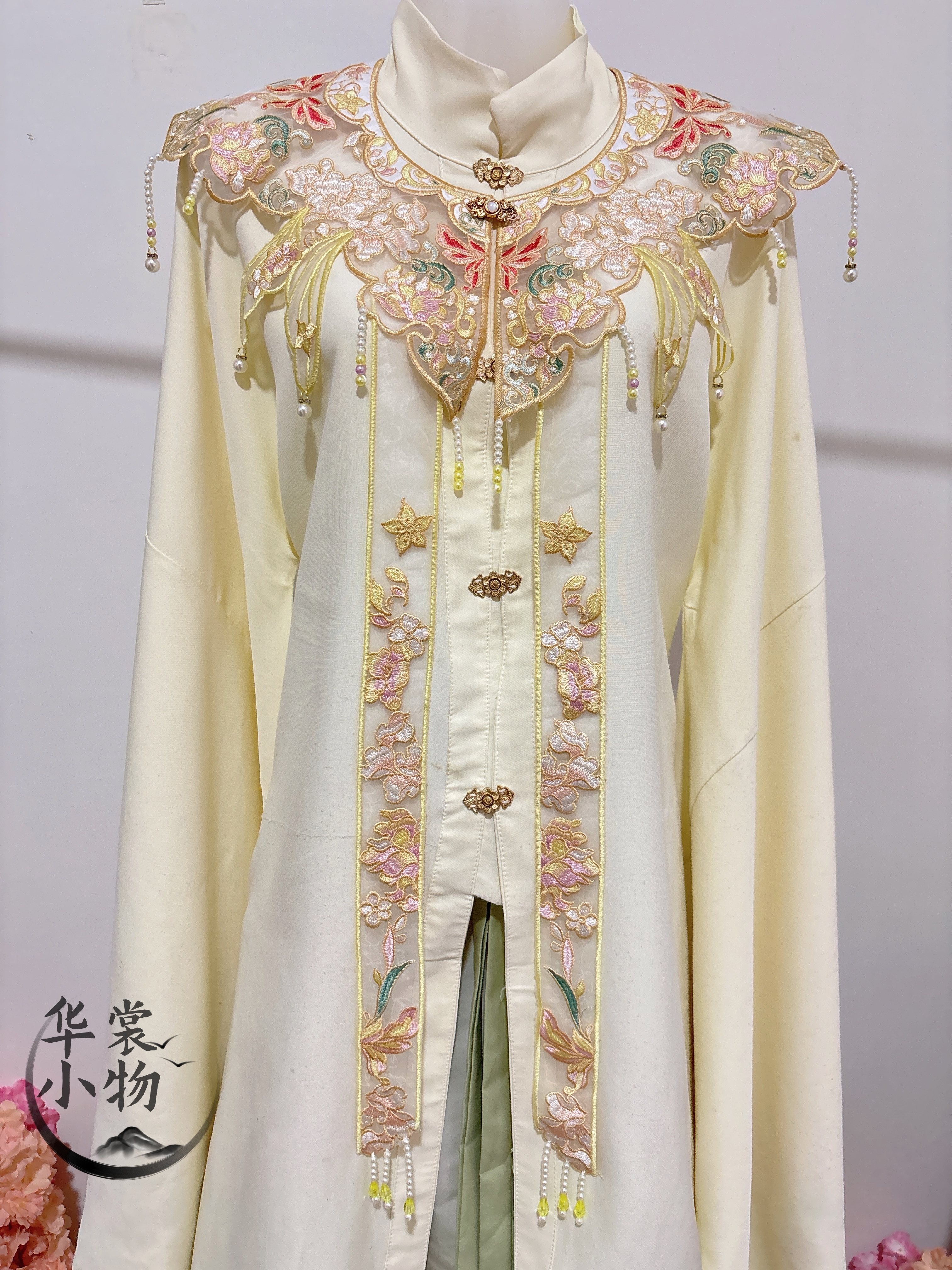 【月澜花影】精品珍珠领围云肩飘带古风黄色百搭古风刺绣云肩假领