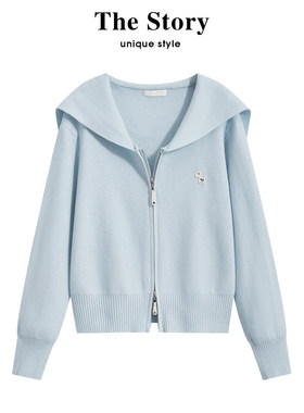 那些事衣橱浅蓝色双拉链针织开衫女春新款宽松软糯显瘦海军领外套