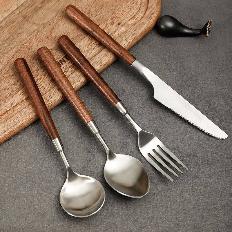 加厚不锈钢复古木纹柄勺子胡桃色汤勺叉子家用餐具日式饭勺西餐勺