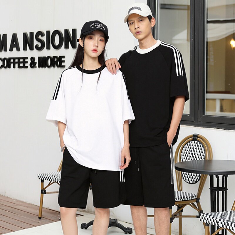 户外吸汗跑步纯棉三条杠运动套装男女夏季短袖短裤情侣宽松休闲