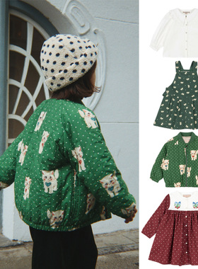 现货！2025秋冬ks连衣裙女童棉衣墨绿小猫樱桃白衬衫灯芯绒背带裙