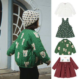 现货!2025秋冬ks连衣裙女童棉衣墨绿小猫樱桃白衬衫灯芯绒背带裙