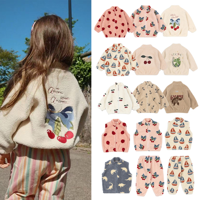 现货！男女童羊羔绒保暖外套ks冬款帆船樱桃印花背心马甲裤子套装