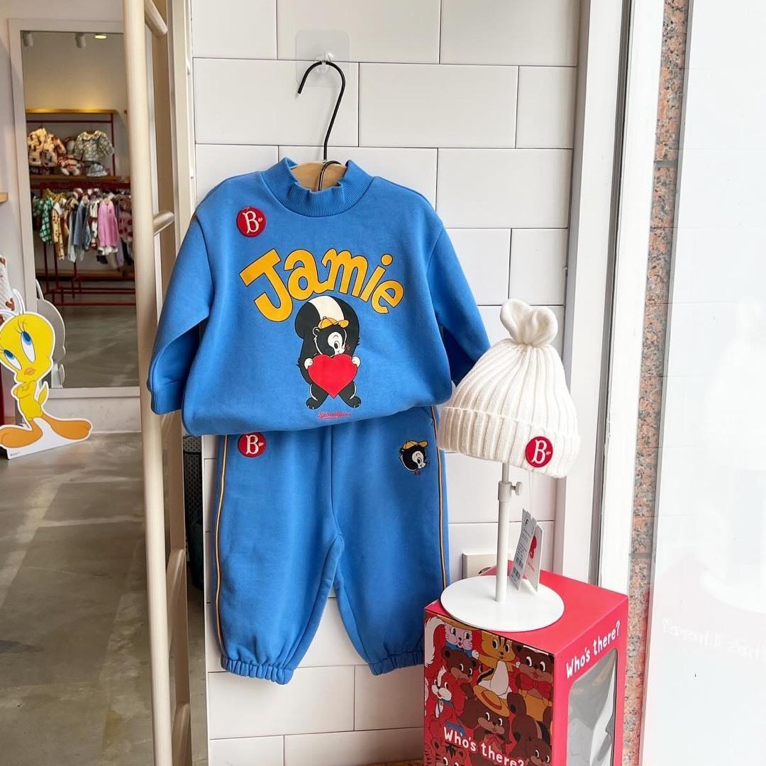 现货男女童加绒套装韩版ins松鼠爱心印花卫衣运动衫中小童服装