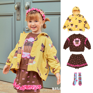 中小童连帽外套 套装 现货韩国BE儿童秋装 女童可爱猫咪印花卫衣裙裤