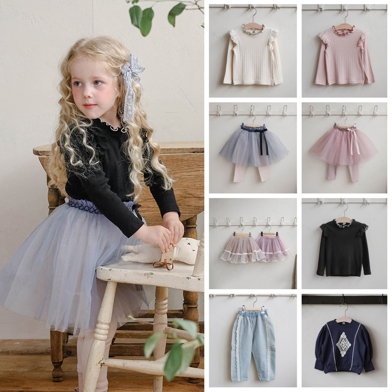 韩国ins女童洋气木耳边领弹力长袖棉T恤打底网纱蝴蝶结假两件裙裤,童装/婴儿装/亲子装,套装,淘宝优惠券,粉丝福利购,淘宝优惠卷