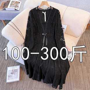 300斤200胖人肥婆大码女装2025秋冬新款法式加绒纯欲风蕾丝连衣裙