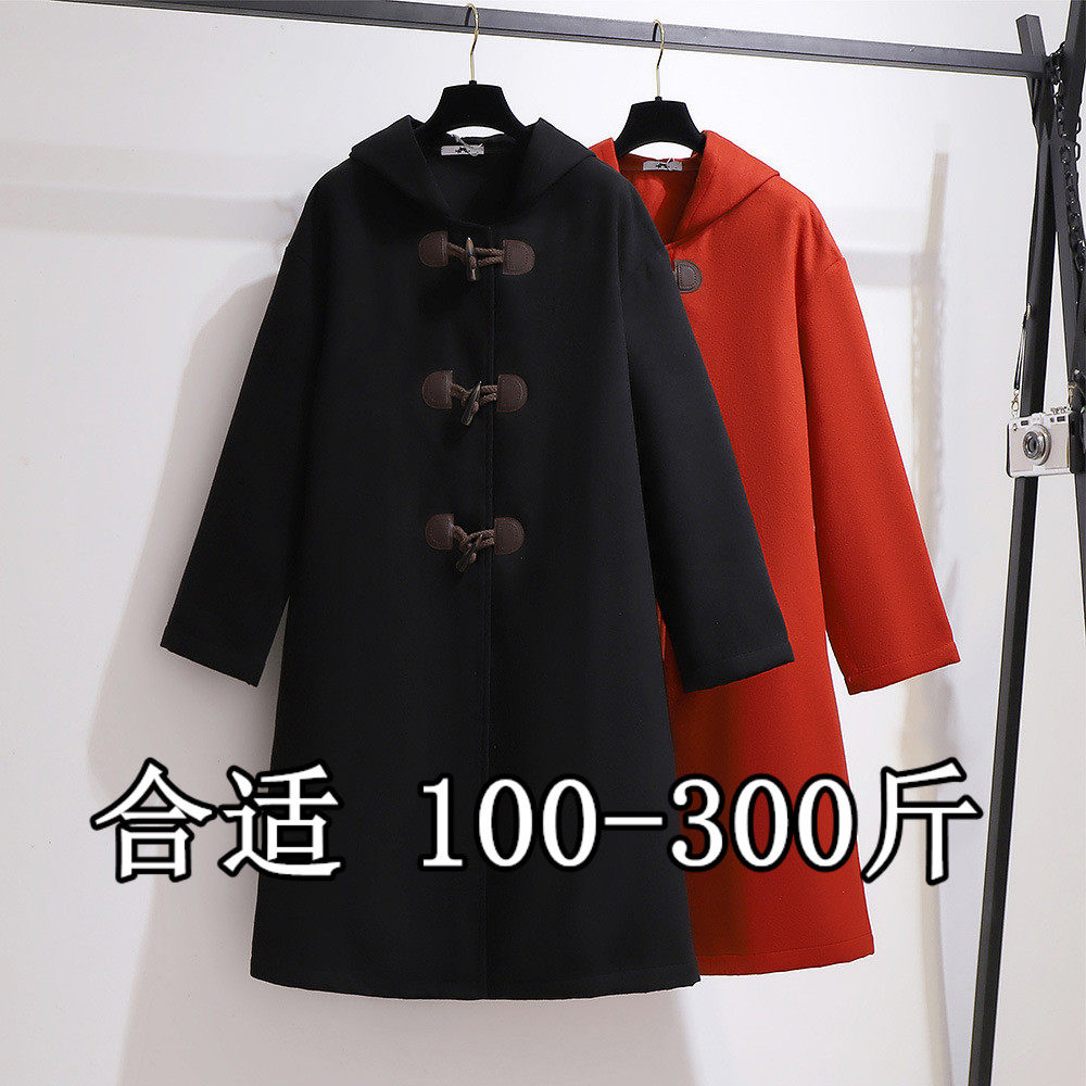 260斤超大码女装秋冬胖mm韩版加厚双面毛呢外套300长款牛角扣大衣