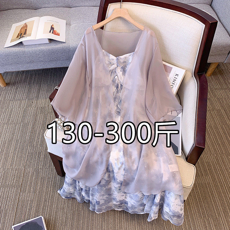 300斤胖子大码女装胖mm碎花荷叶边吊带连衣裙开衫两件套夏季200斤