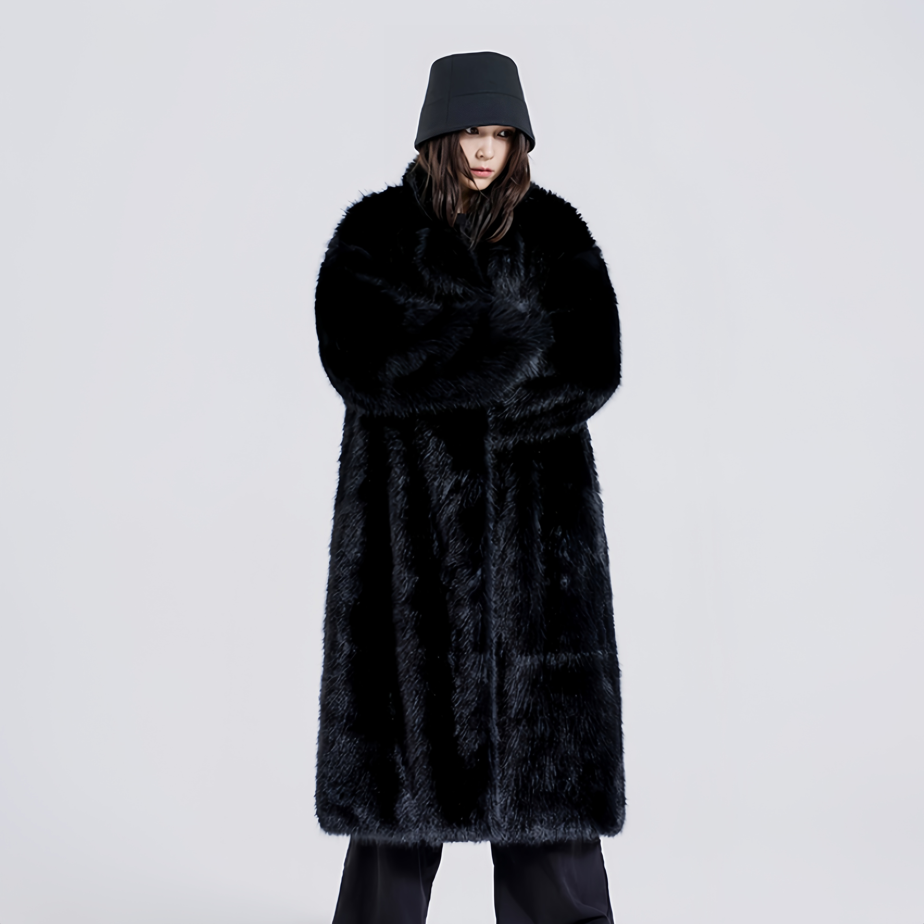 黑色中长款过膝皮草大衣翻领棉服