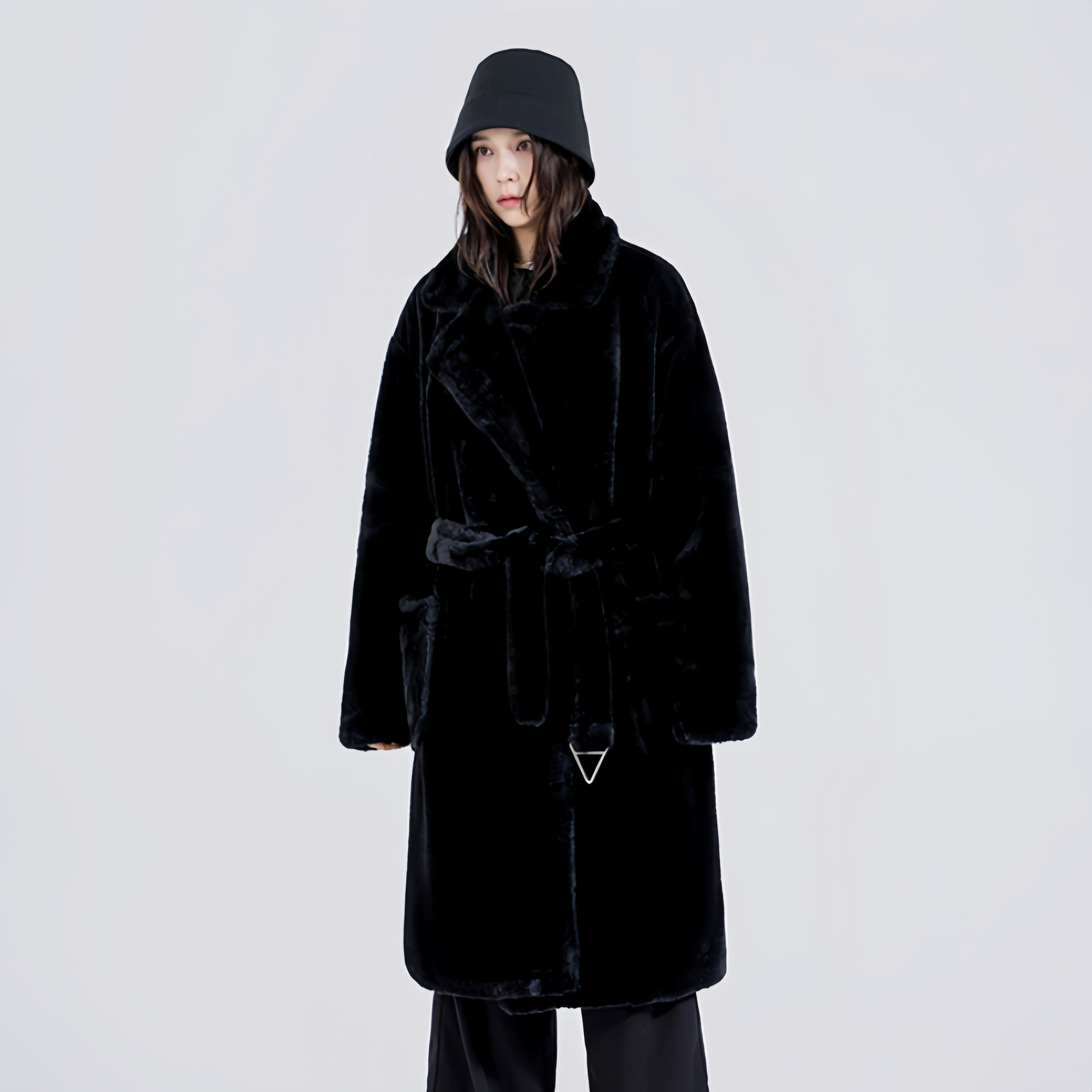 黑色皮草大衣中长款系带加厚气质