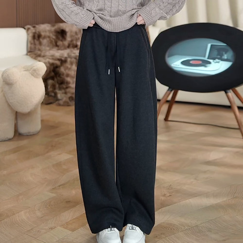 加绒加厚松紧腰抽绳阔腿弯刀裤女