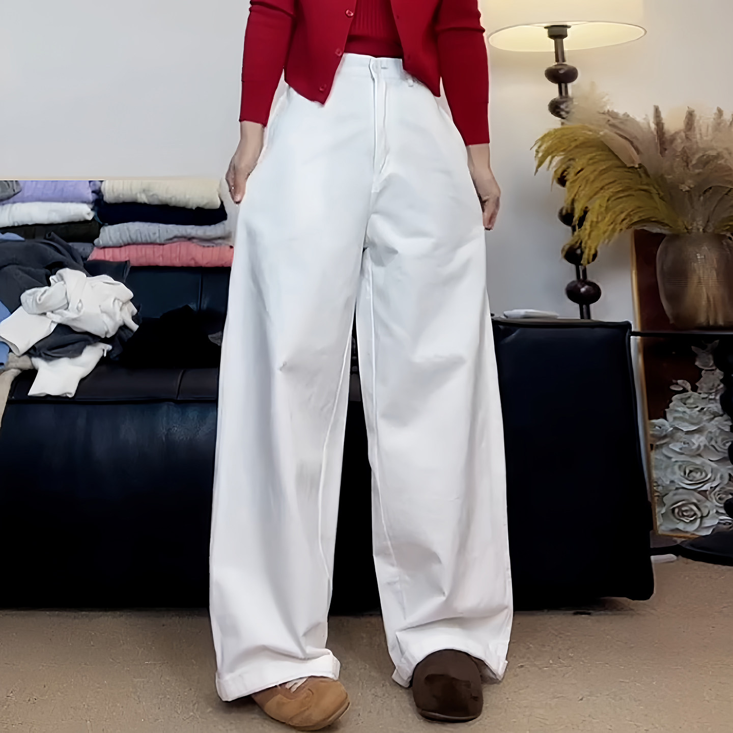 Ader纯白色阔腿弯刀裤女2026春季新款高腰宽松时尚简约百搭休闲裤,女装/女士精品,大码裤装,淘宝优惠券,粉丝福利购,淘宝优惠卷