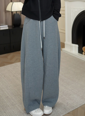 Ader灰色运动休闲加绒卫裤女2025秋冬新款百搭显瘦高腰阔腿弯刀裤