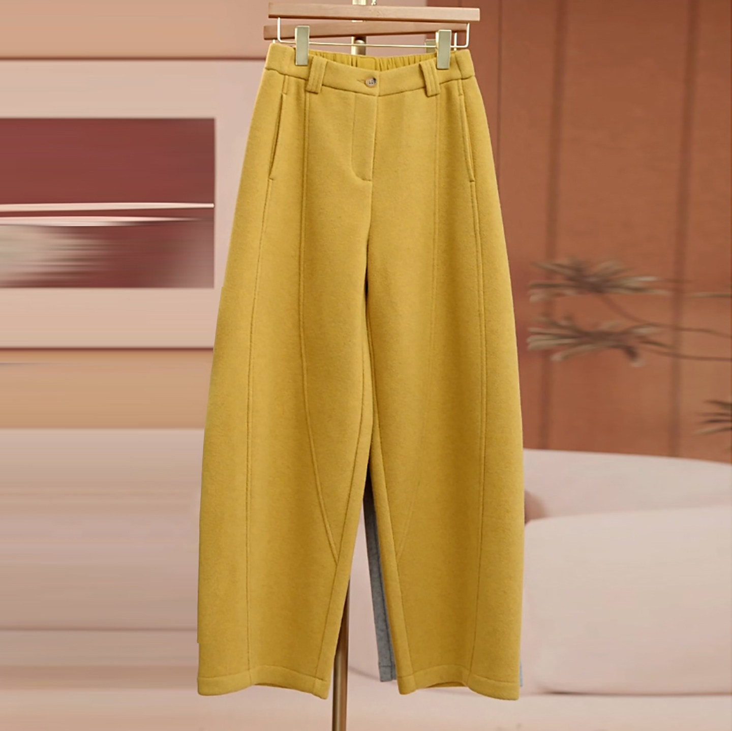 气质简约加绒加厚羊毛呢弯刀裤