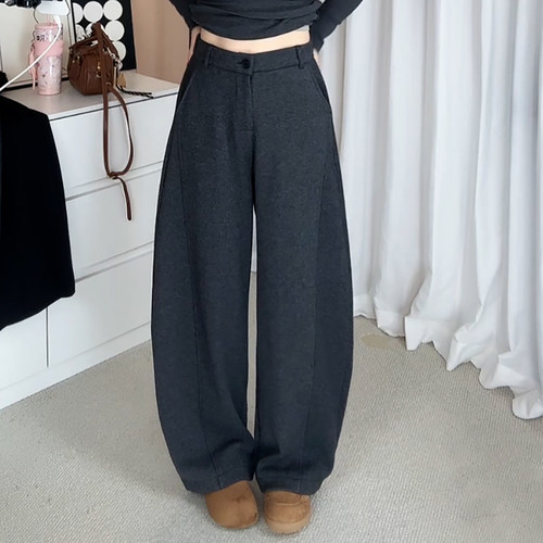 深灰色加绒保暖毛呢百搭弯刀裤