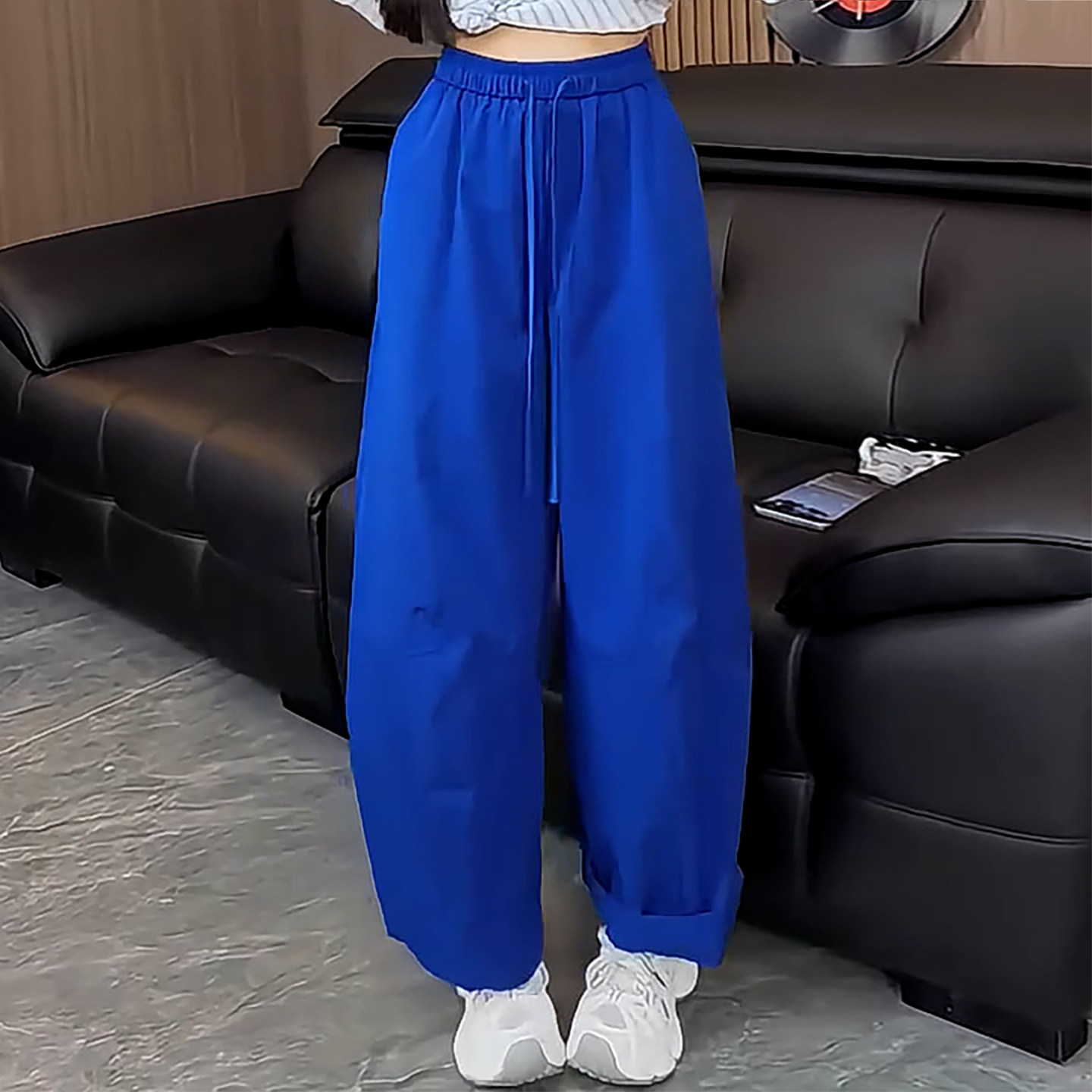 Ader宝蓝色松紧抽绳休闲裤女2026夏季新款舒适垂感遮肉阔腿长裤子