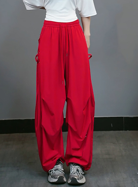 Ader红色速干工装裤女2025夏季薄款时尚潮牌松紧腰抽绳阔腿休闲裤