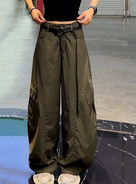 Ader军绿色工装休闲裤女2026春节薄款时尚百搭高腰宽松阔腿弯刀裤